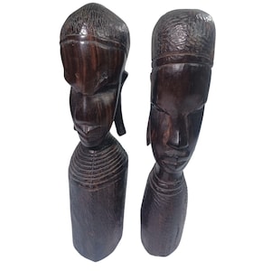 Vintage Mid Century African Maasai Hand Carved Ebony Wood Sculptures 9&quot; Man Woman Kenya