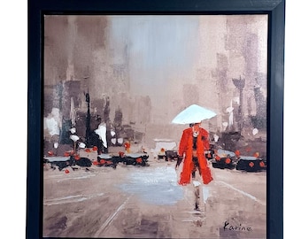 Framed Ren Wil OL892 Evening Showers Woman Paris Red Coat Umbrella 20x20 Art On Canvas