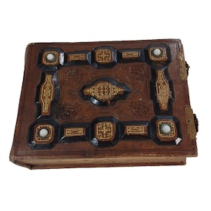 Antique 1860s Ornate Leather Tintype Photo Album With Brass Clasps & Embellishments Hallock Family Photographs