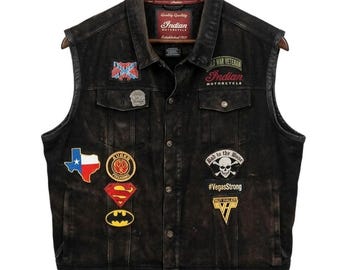 Vintage Indian Motorcycles Black Denim Biker Vest 4XL With Rare Patches
