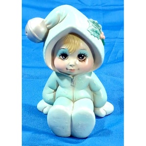 Ceramic Hand Painted Baby Toddler Snow Bunny Suit Shelf Sitter Statue Figurine