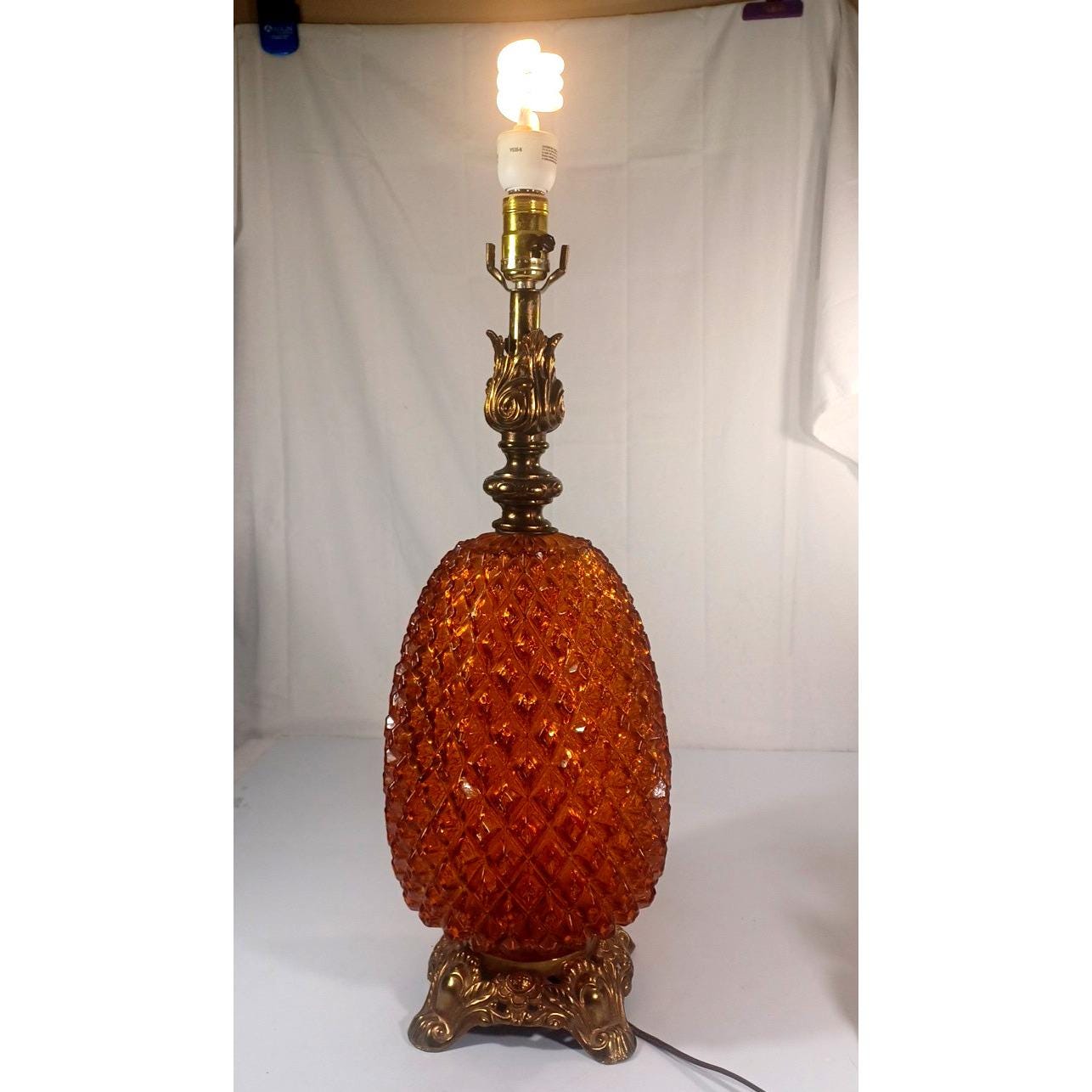 Vintage XL MCM Amber Glass & Brass Diamond Quilted Pineapple
