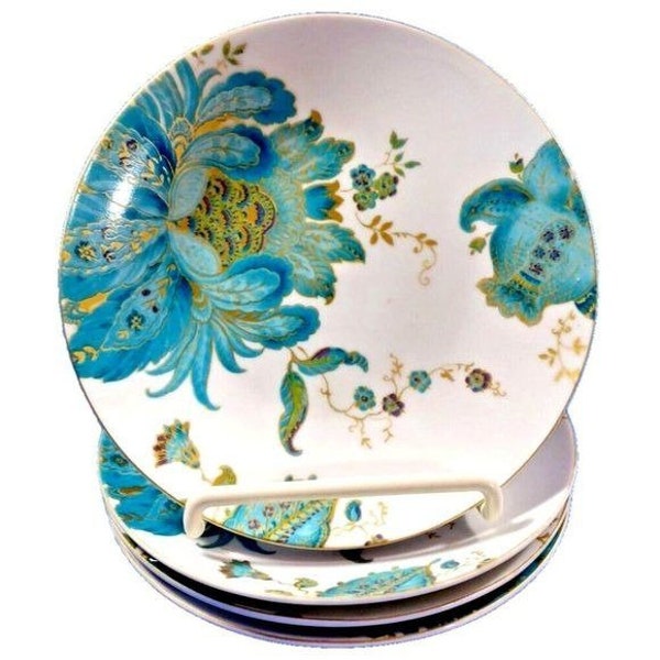 LOT: (4) 222 Fifth Eliza Teal 6.5" 6 1/2" Round Bread Dessert Appetizer Plates