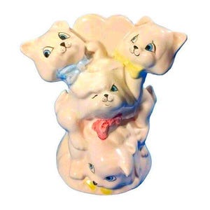 Vintage Mid Century Kitschy White  Kittens Cats Bows Bowties Heart Bud Vase