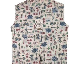 NWT Vintage  1950s Sanforized Sleeveless Collared  Button Up Shirt Womens 32 Rockabilly Novelty Floral Bike Artsy