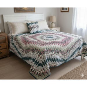 Vintage Queen Size  Lone Star Starburst Patchwork Quilt 93" X 95" Floral & Geometric Pattern Cotton Blend