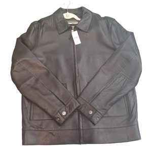 NWT 395.00 Vintage Y2K Banana Republic Men&#39;s Zip Up Black Leather Jacket Large Tench Bomber Snap Pocket