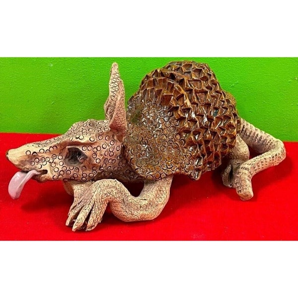 Artisan Studio Pottery Clay Sculpture Statue 13" Armadillo Sticking Out Tongue Funny MASTERPIECE Kay