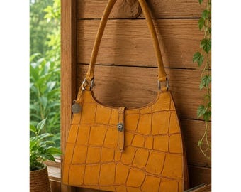 Vintage Dooney & Bourke Yellow Croc-Embossed Leather Purse 1990s Alto Pattern Top Handle Classic Designer Bag