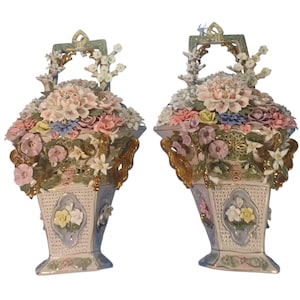 2 Antique 20 X 11  Capodimonte Porcelain Flowers Floral Reticulated Wall Hanging Basket Sculptures