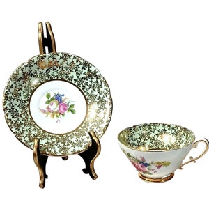Stanley English England Fine Porcelain Tea Cup Teacup Saucer Mint Green Rose Roses Bouquet 24K Gold