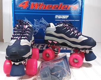 New Vintage Skechers Sport 4 Wheelers Roller Skates Women s 6.5 Navy Blue Gray Hot Pink Etsy
