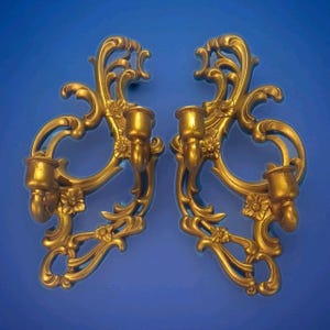 Antique Gold-Toned 2 Arm Scrolled Cast Metal Candle Holder Wall Sconces Pair