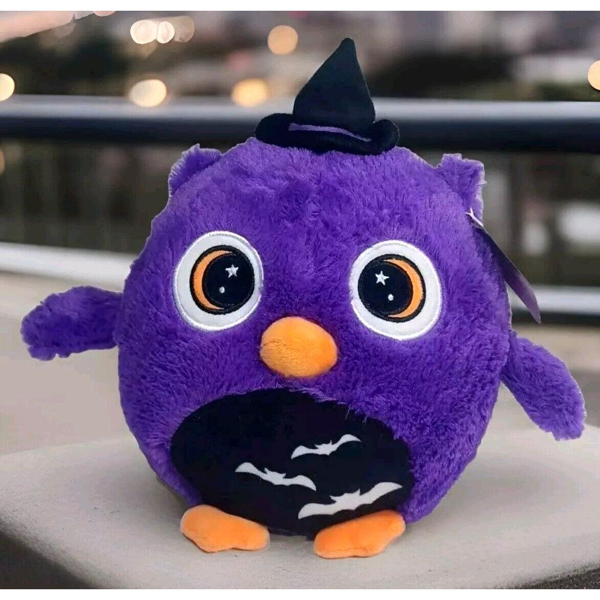 New NWT Dandee Purple & Orange Halloween Owl Plush Crescent Moon Eyes Bats Witch Hat