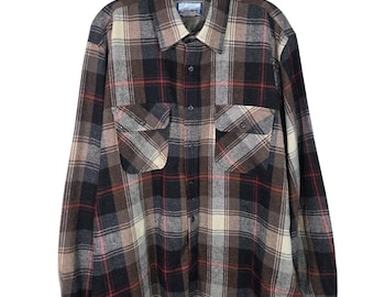 Vtg 70s Sears Fieldmaster Wool Blend Plaid Flannel Shirt Size XL 17-17.5
