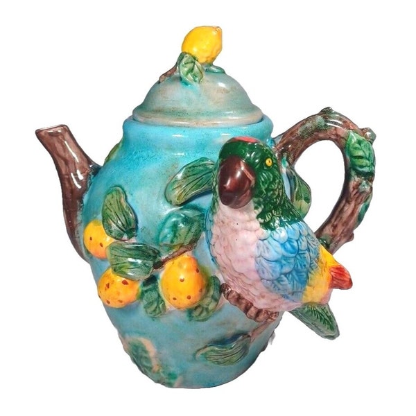 Pacific Rim Hand Painted Sculptural Tropical Parrot On Branch Lemons tea Pot Teapot Coffee Pot