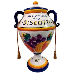 Di Camillo1920  Italian Biscotti Pedestal Jar 15&quot;x10&quot; Vintage Fruit Motif Ceramic Cookie Jar