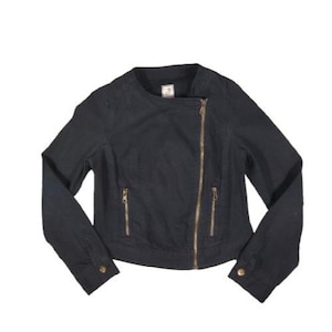 May include: A black jacket with a gold zipper and two gold zippered pockets. The jacket has long sleeves and gold buttons on the cuffs. The jacket is a casual style.