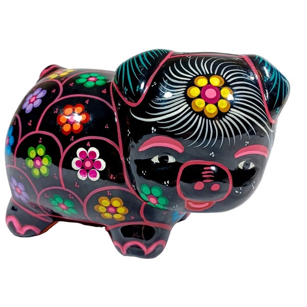 Talavera  Mexican Folk Art Pottery Pig Piggy Coin Bank Black Rainbow Retro Flowers