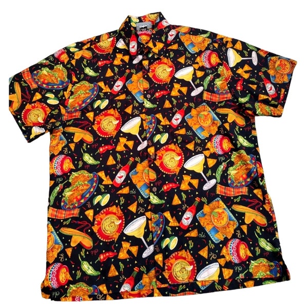 HIGH SEAS Men's  Hawaiian Fiesta Margarita Party Tacos Hot Sauce  Mexican Party Button Down Shirt Large L Made In Hawaii