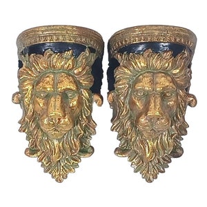 PAIR 2 MGM Lion HeadBust  Statue Wall Hanging Art  Sculpture Decor Curtain Rod or Sheer Drapery Holder Shelf Sconce