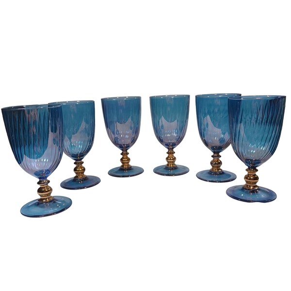 6 Vintage Murano Optic  Swirl Iridescent Blue Purple Art Glass Water Goblets Wine Glasses