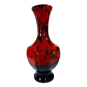 Vintage 1960s 17"  Mid Century Flambe Flame Drip Glaze Large  Art Deco Hexagon Pottery Vase California