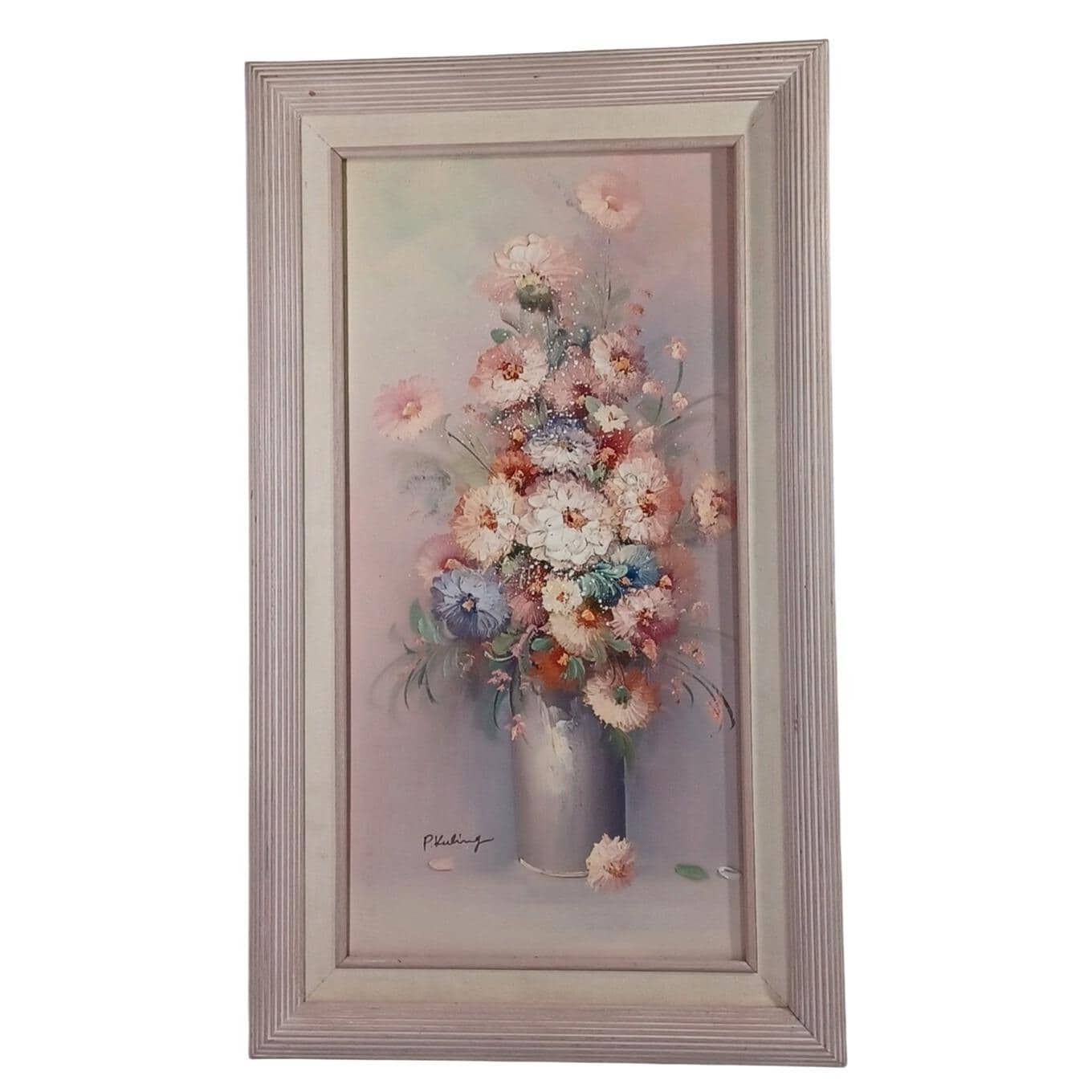 Large 22x12 Original P. Keeling ( Pegaret) Oil On Canvas Painting Flowers Floral Still Life Impasto 3 Dimensional White, Blue, Peach, Green