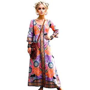Vintage Mod Floral 60s 70s Boho Hippie Festival Maxi Dress Jacket Sz 12 Chest 42" Waist 42" Length 53"