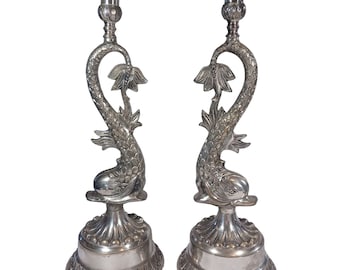 Vintage Mid Century Dolphin Koi Silver Plated Repousse Candlestick Candle Holder