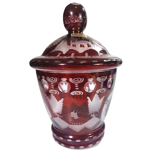 Vintage Egermann Cut To Clear Ruby Red Bohemian Czech Art Glass Candy Dish Covered Jar 9&quot; Tall W/ Original Stickers