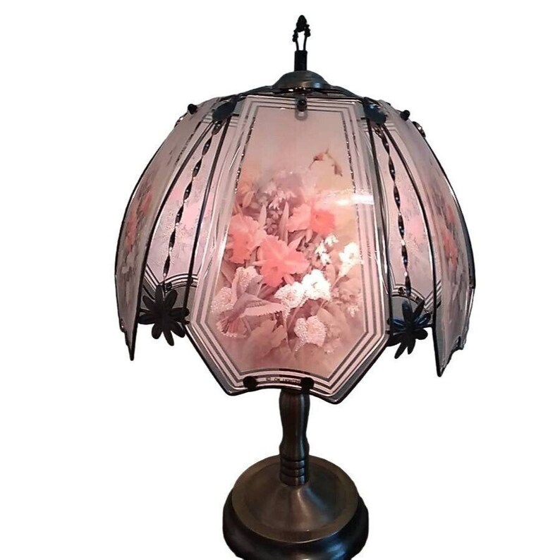 RARE Vintage OK Lighting Touch Lamp Hummingbird Floral Glass Panels 22.
