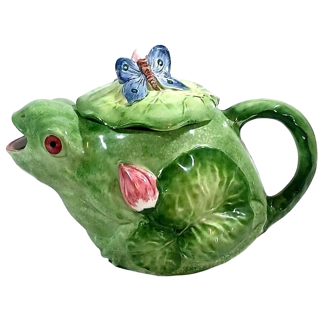Vintage Signed Majolica Pottery Frog Butterfly Capodimonte Teapot Made
