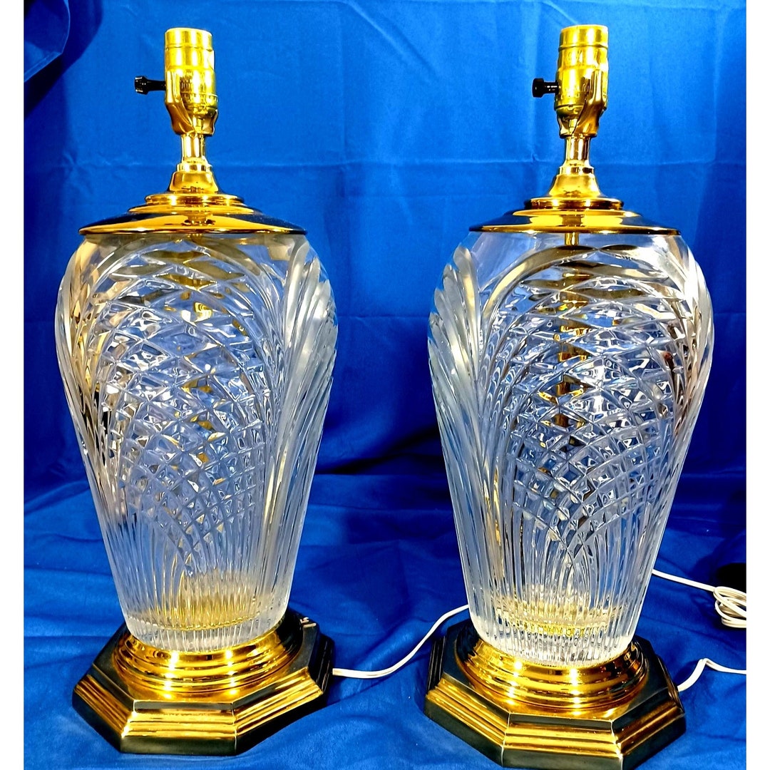 Hollywood Regency Vintage Cut Lead Crystal Brass Table Buffet Lamps MCM