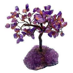 Handmade Amethyst Gemstone Bonsai Tree Of Life W/ Purple Crystal Geode Base