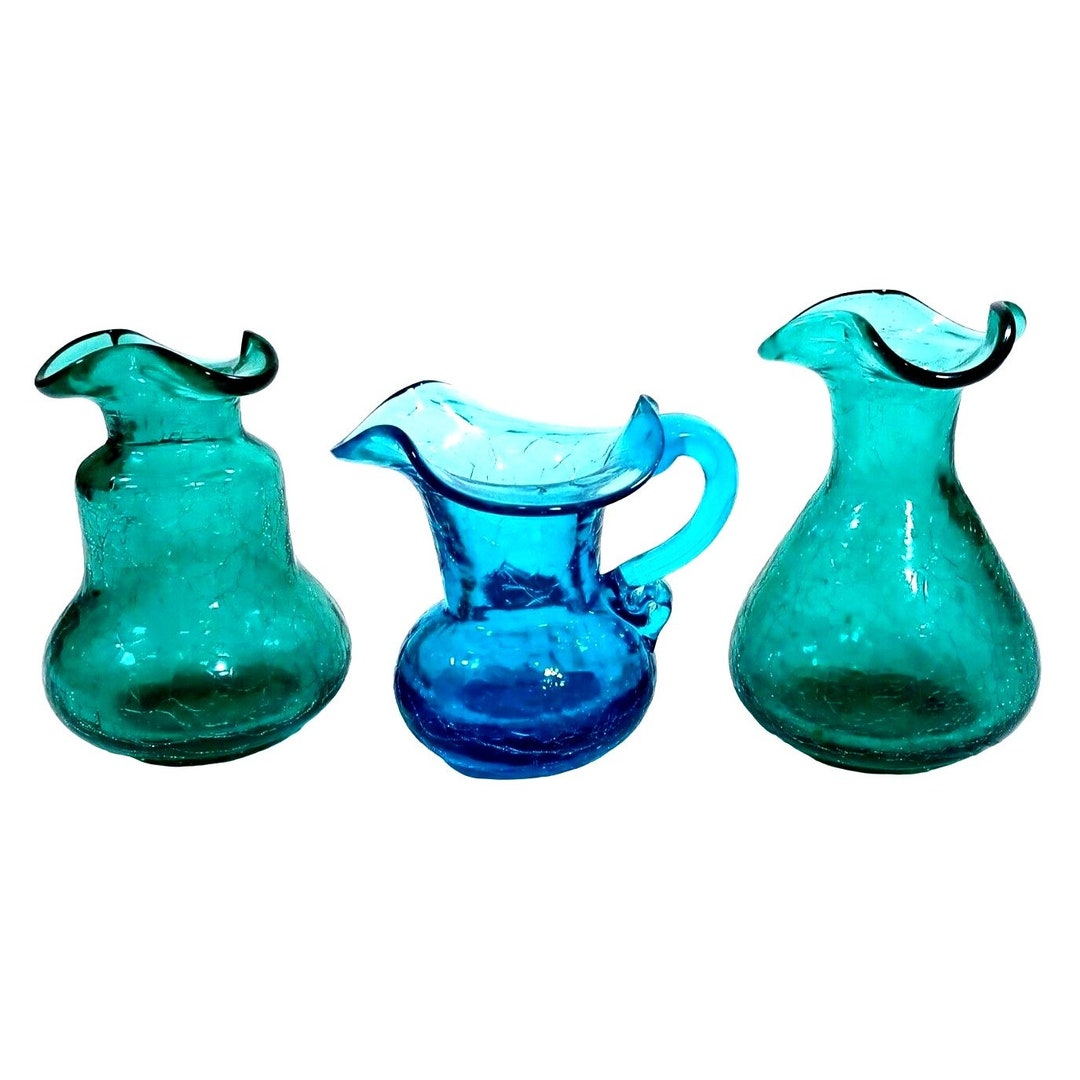 Blenko Crackle Glass Mini Pitcher Vases Set of 3 Teal Green Etsy
