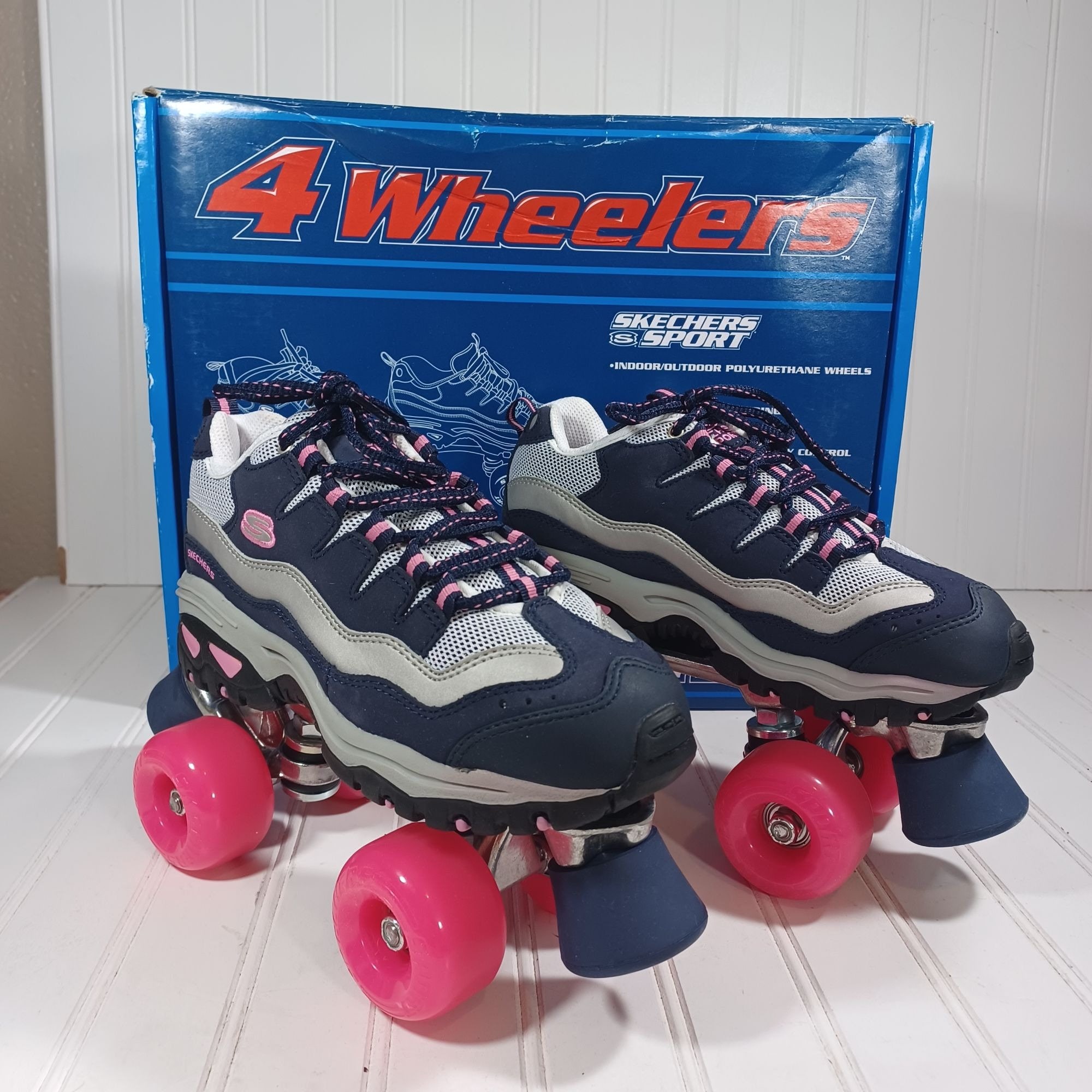 New Vintage Skechers Sport 4 Wheelers Roller Skates Women s 6.5 Navy Blue Gray Hot Pink Etsy UK
