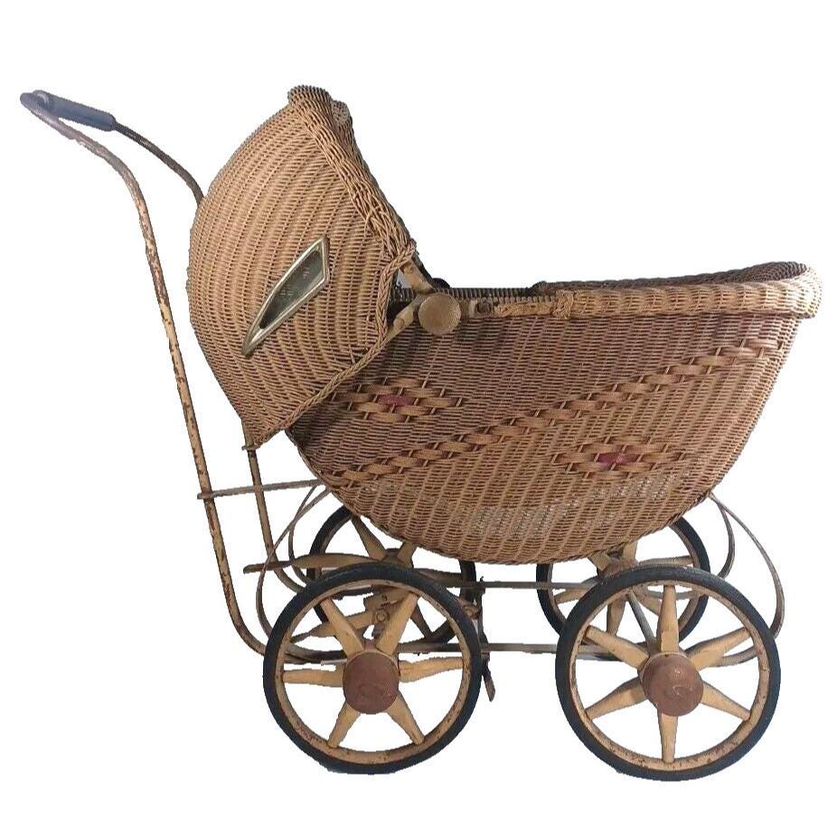 Vintage Victorian Baby Doll Stroller Antique Wicker Buggy Carriage w/ Windows