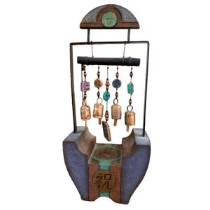 Feng Shui Tabletop Handcrafted Concrete Composite Metal Wind Chime With Rustic Bells & Beads