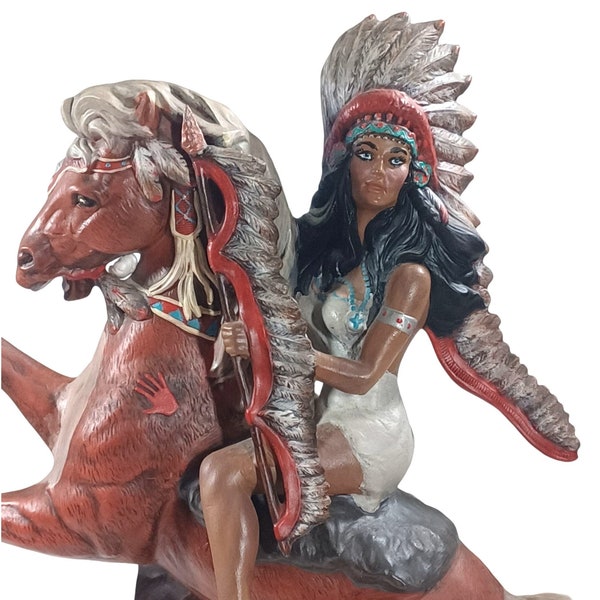Vintage Mid Century 16.5" Native American Indian Maiden Princess Warrior Riding Rearing Horse Sculpture Statue