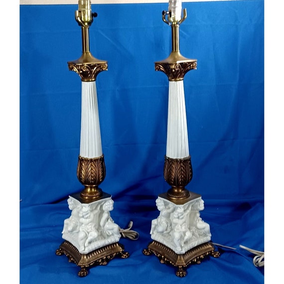 Neoclassical Cast Bronze Cherub Angel Putti Hollywood Regency Large Tall Buffet Table Lamps MCM  Vintage
