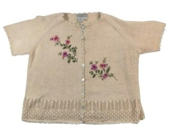 Vtg Y2K Embroidered Floral Cardigan Grandma Sweater Cottagecore Pointelle Sz 18
