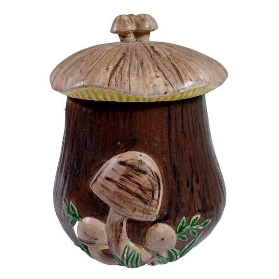 Arnels Vintage Brown 3D Merry Mushroom Canister Cookie Jar 8.5
