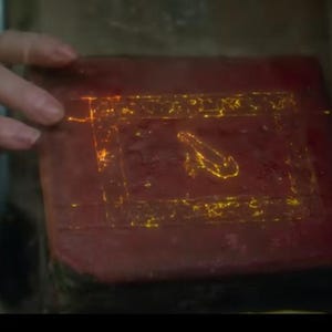 May include: A rectangular, reddish-brown book with glowing yellow symbols and a central design. The cover is being touched by a hand. The symbols and design appear to be illuminated.