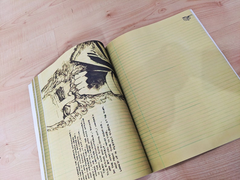 May include: An open notebook with lined yellow pages. The left page has a black and white drawing of a person's face. The right page is blank. The text on the left page reads "AND THE PANAS AND MEASURE THEM WHERE HE LECTURED Now 500N, UNACCOUNTABLE TIRED AND SICK, TILE RISING AND GLIDING OUT, OFF BY MYGELP IN THE MYSTICAL MOIST NIGHT-AI ALD FROM TIME TO TIME, LOOK'D UP IN PERFECT SILENCE AT"
