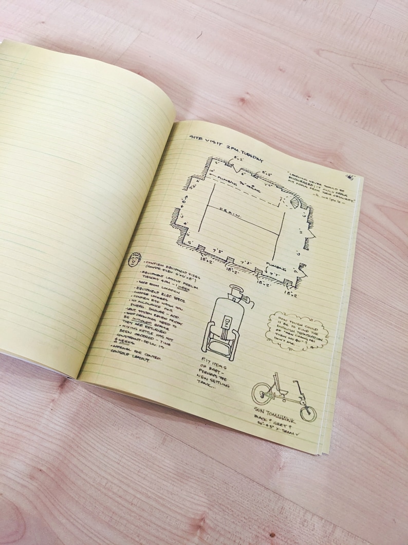 May include: Hand-drawn sketch of a building plan with measurements in feet, a diagram of a water tank, and a drawing of a recumbent bicycle labeled "Sun Tomahawk" with a black frame and grey wheels.
