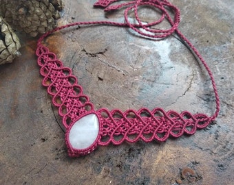 Macrame necklace with Rose Quartz choker kette Natural stone