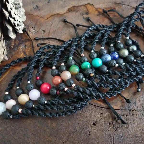 Macrame Bracelet with Lava beads, rose quartz, Labradorite, Malachite, Sodalite, Aventurine, Moon stone  Natural stone Boho Hippi Armband