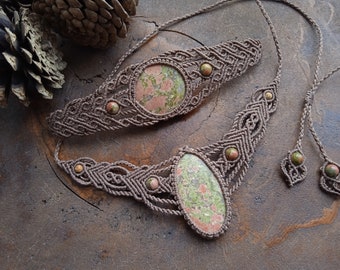 Conjunto macrame collar pulsera con Unakite boho Joyas Boho gargantilla piedra natural