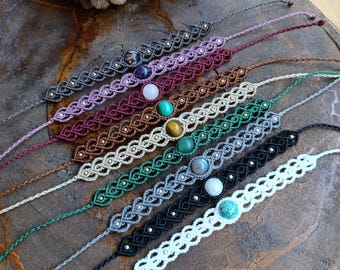 Macrame bracelet with stone beads: Moon stone, Labradorite, Rose quartz, Tiger's eye, Rodonite, Aventurine